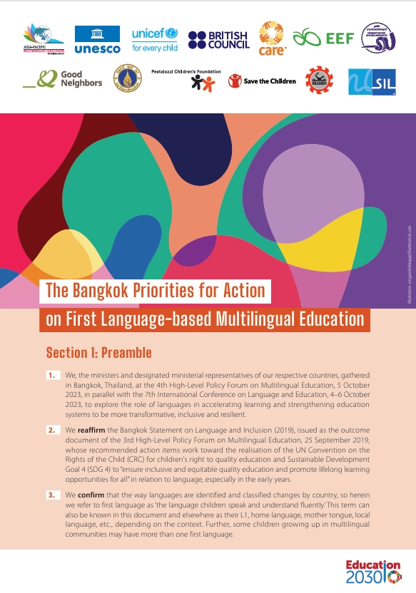 The Bangkok Priorities for Action on First Language-based Multilingual Education -UNESCO Digital Library