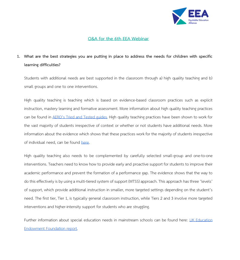 Q&A Document for 6th EEA Webinar