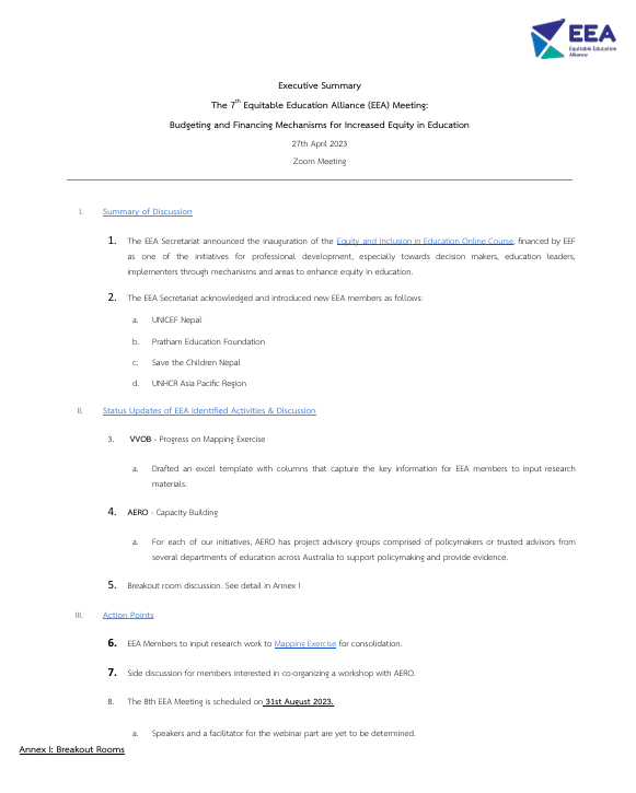The 7th EEA Executive Summary Cover Page